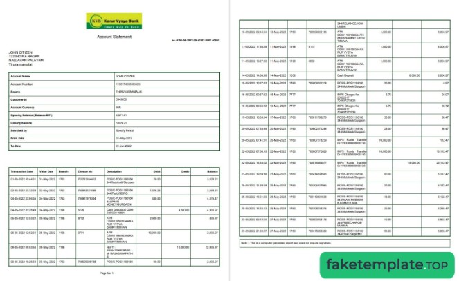 Feature of fake India KVB bank statement 2 pages